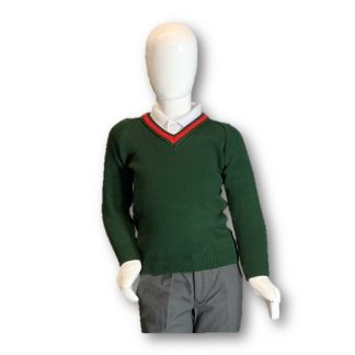 Bottle Green & Red Knitted V-neck Pullover